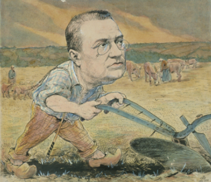 Caricature d’Albert Viger (1843-1926), promoteur de la loi de 1899. Médecin de profession, il a été plusieurs fois ministre de l’Agriculture. Il participe aussi à sa mise en œuvre en participant à la Commission de répartition des avances de l’Etat et en fondant la Caisse Régionale du Loiret en 1906.