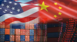 US and China flags with cargo containers in the background, context of economic and trade conflict