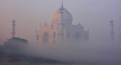View of Taj Mahal in early morning fog, Agra, Uttar Pradesh, India.