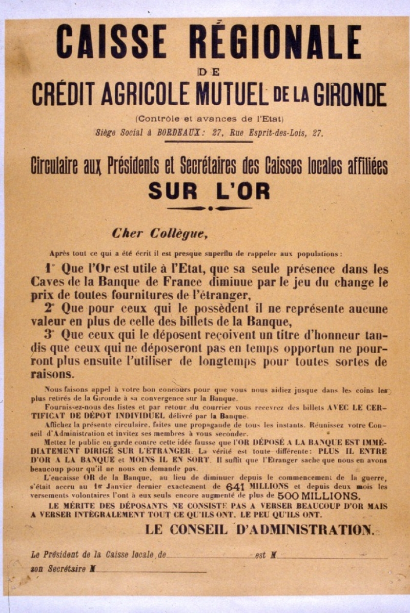 Grande guerre - Caisse régionale de la Gironde - appel à déposer leur or